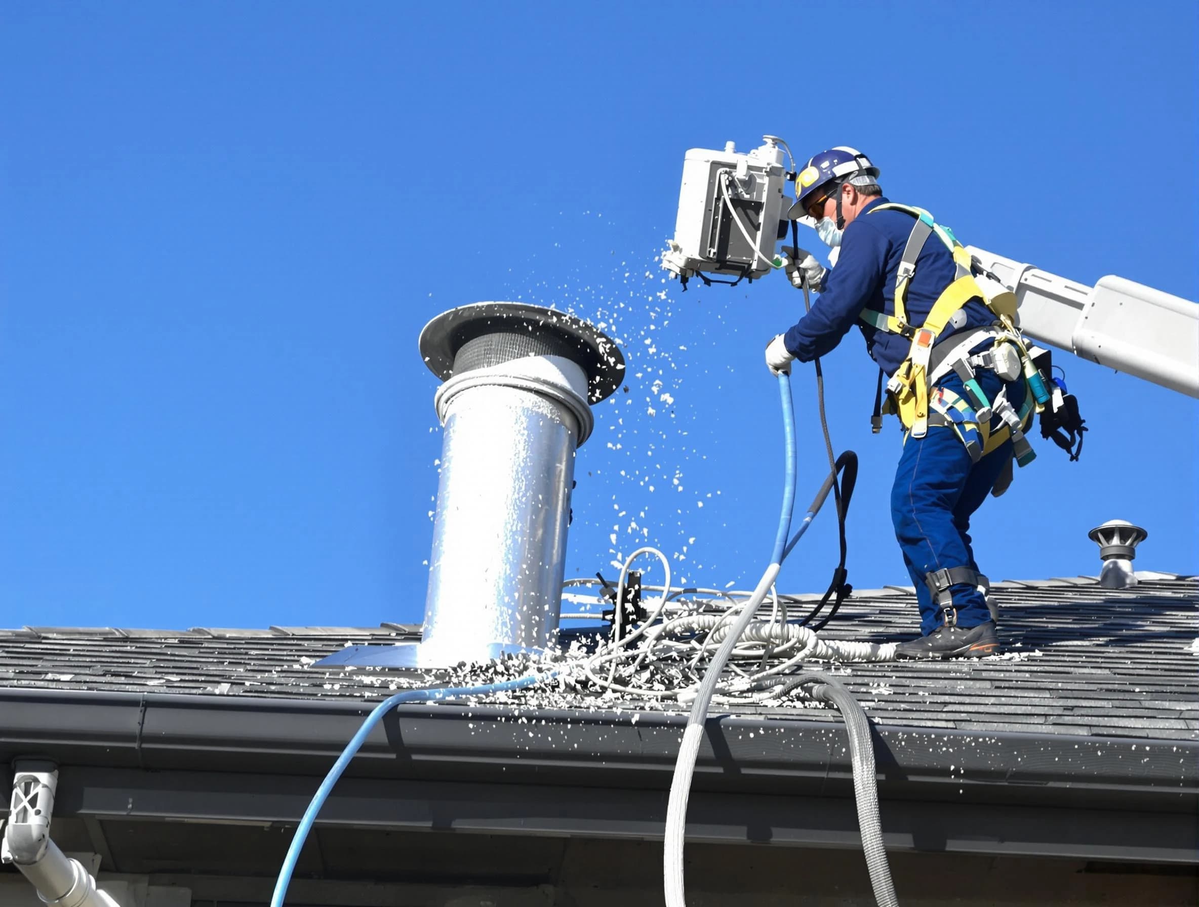 Jeannette Dryer Vent Cleaning certified technician safely cleaning a roof-mounted dryer vent in Jeannette